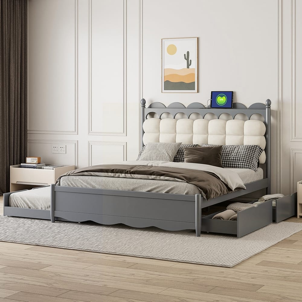 Wooden Storage Platform Bed with USB Ports