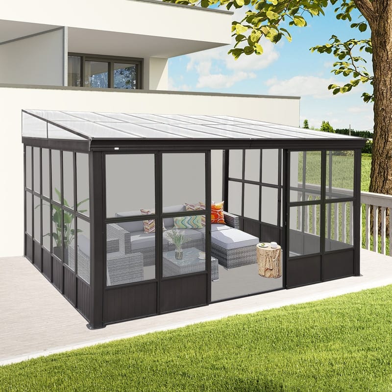 Domi Wall-Mounted Sunroom with Sloped PC Roof and Lockable Sliding Doors - 12x14FT
