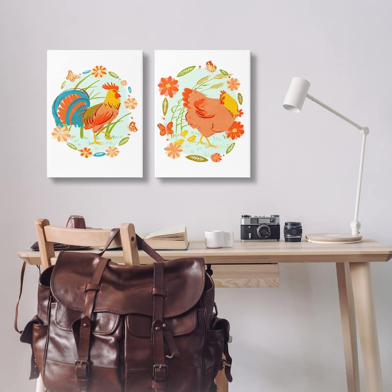 Stupell Rooster & Hen with Florals Canvas Wall Art Design By Hannah Moren (Set of 2)