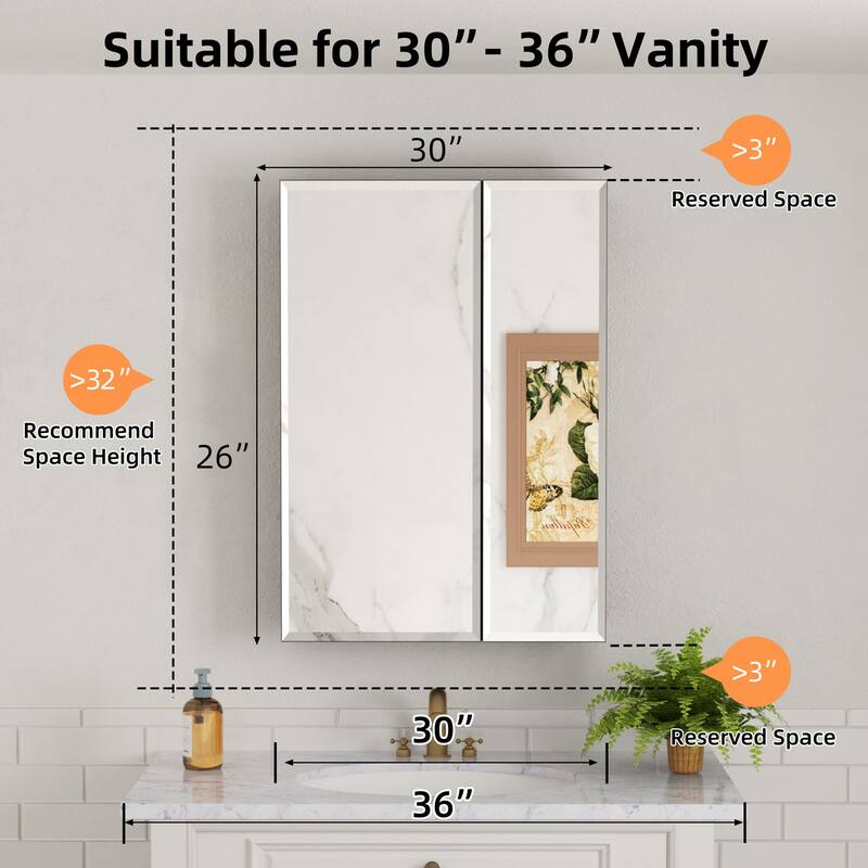 Belle Medicine Cabinet with Mirror, Adjustable Shelves, Recessed or Wall Mount