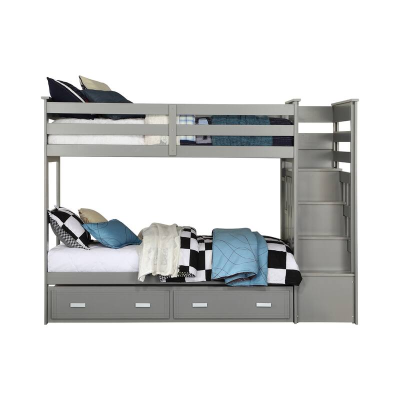 Wooden Twin over Twin Bunk Bed with Trundle in Gray Finish