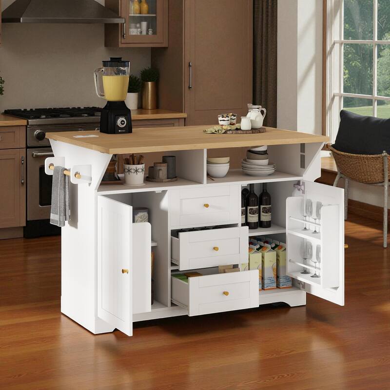 47" Extendable Kitchen Island Cart with Power Outlet, Mobile Storage Cabinet on 5 Wheels with Drawers and Shelves