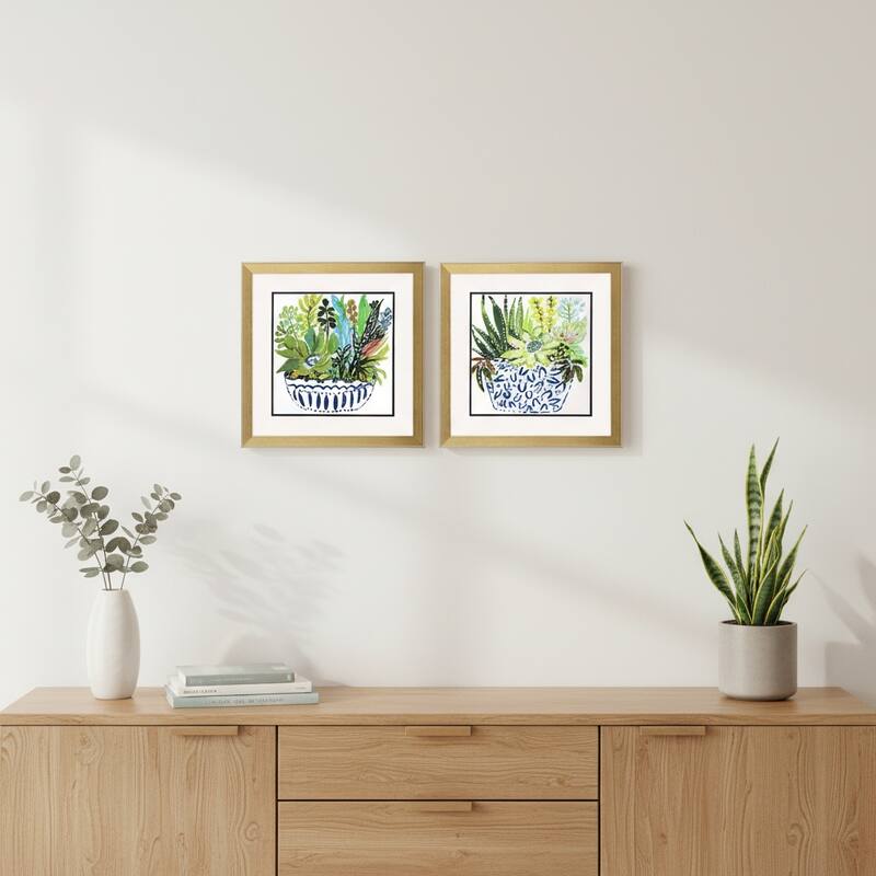 HomeRoots Set Of Two Succulent Garden II Gold Framed Wall Art - 18.00 in. x 18.00 in.  x 2.00 in.