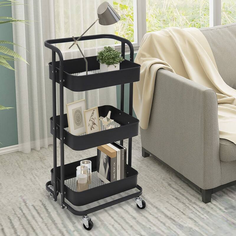 3 Tier Foldable Rolling Utility Cart - Black