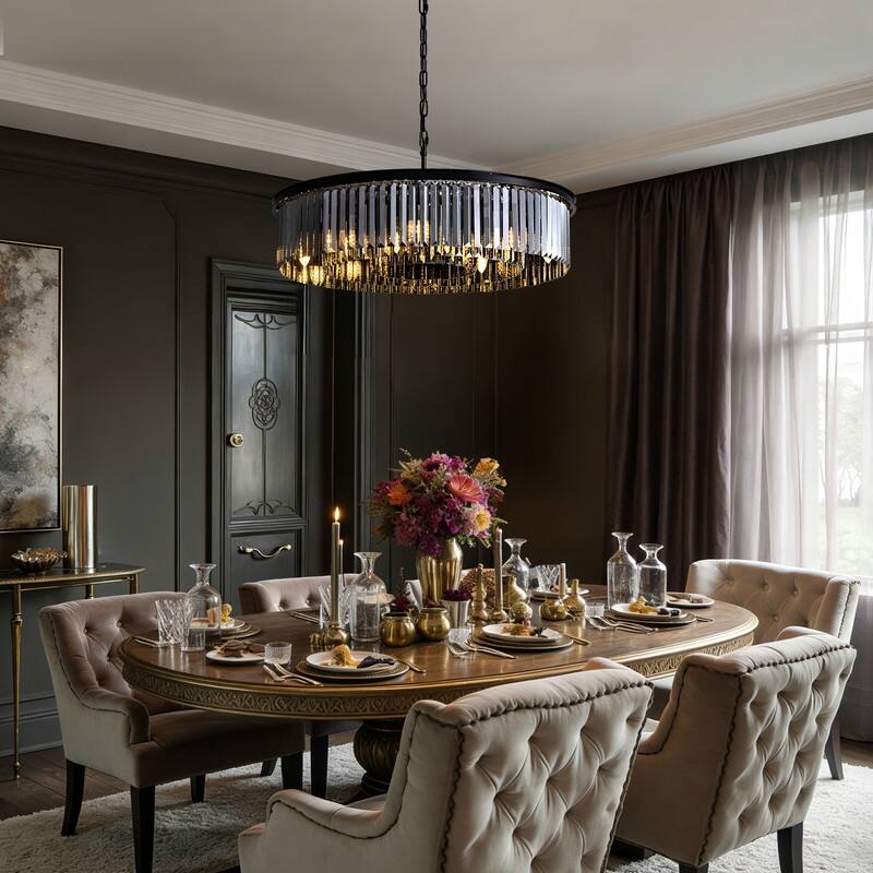 30-inch Smoky Gray Round Chandelier 2-Tier Modern Crystal Chandelier Kitchen Island Pendant Light for Dining Room Bedroom