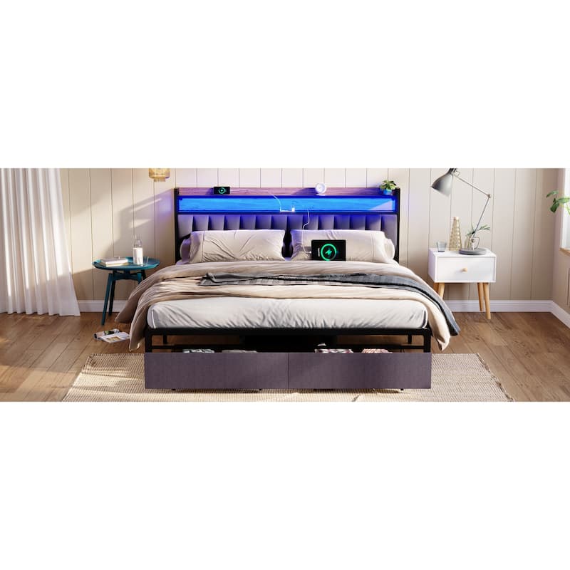 King Size LED Platform Bed Frame with Storage Headboard, USB Charging Station, and Drawers, Easy Assembly, Grey