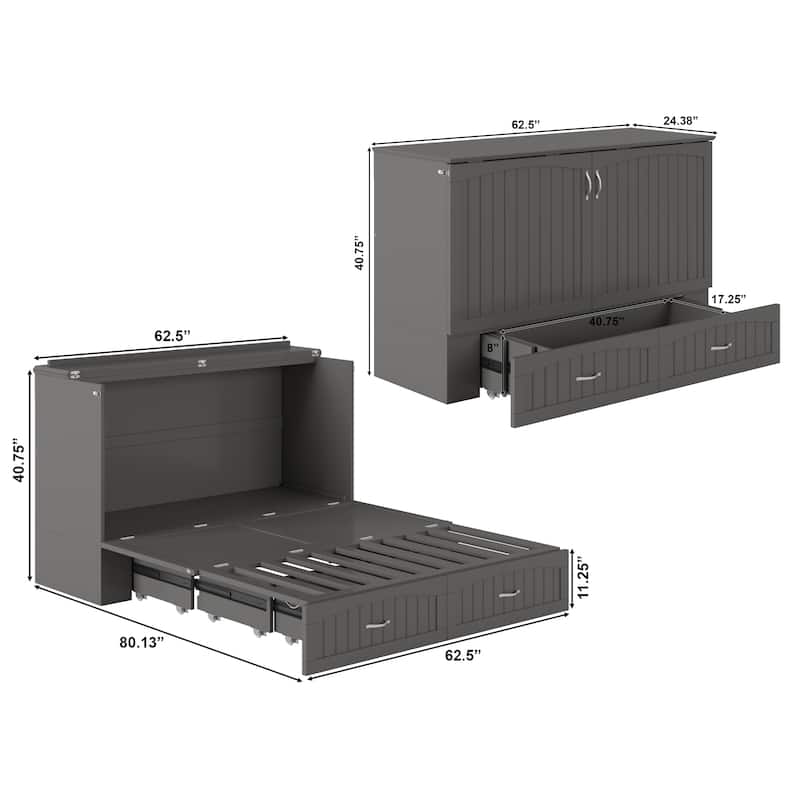 Southampton Queen Murphy Bed Chest with 6" Mattress, Storage Drawer & Built-In Charger in Grey