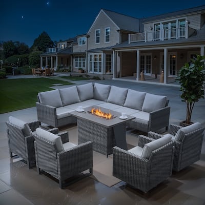Patio Sofa Chairs Set with Fire Pit Table - Beige cushion - Grey