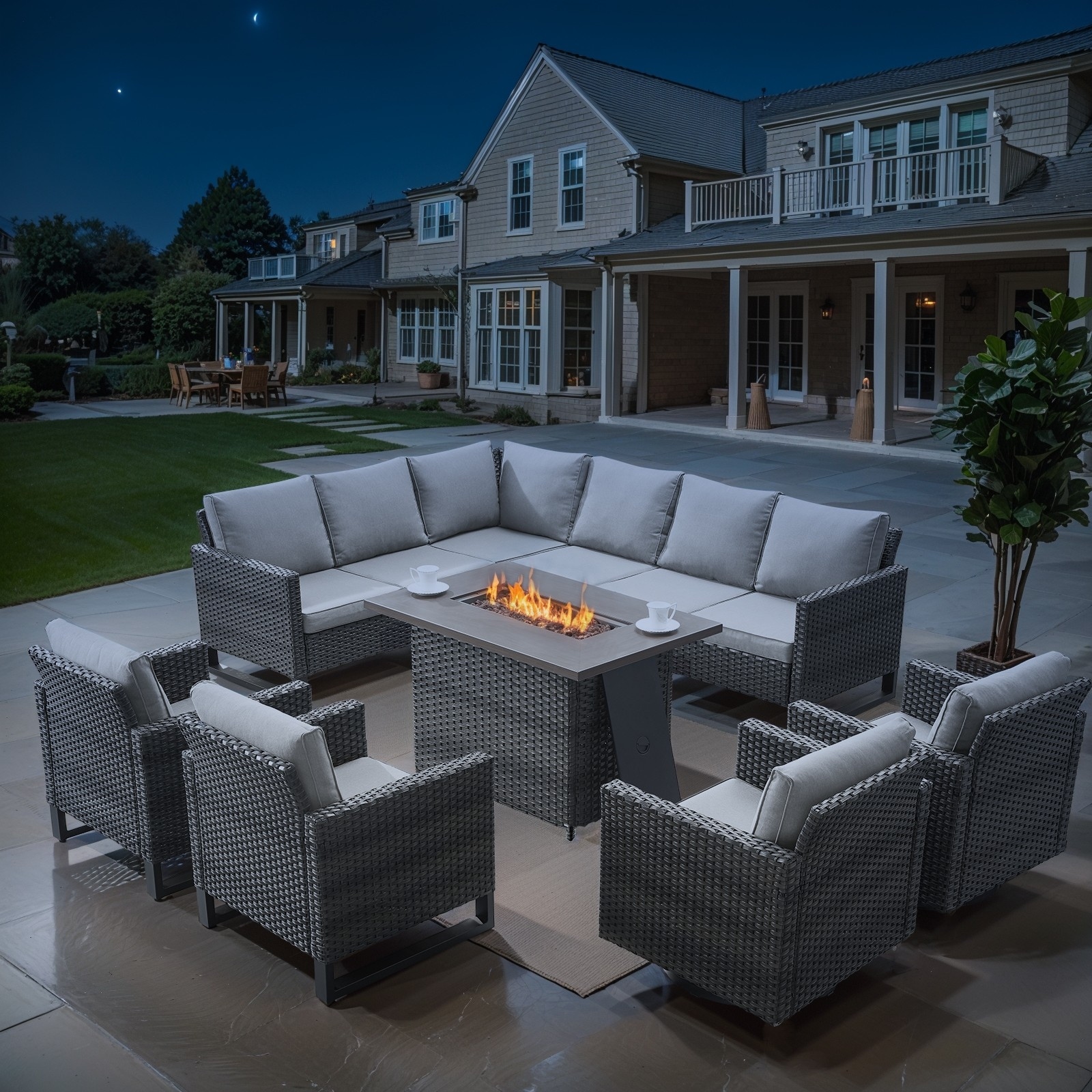 Patio Sofa Chairs Set with Fire Pit Table - Beige cushion - Grey