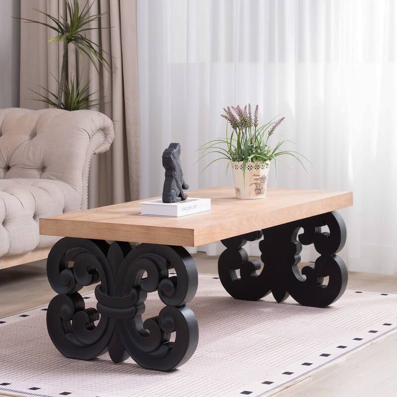 Black Scroll Base Coffee Table, Rectangular Wood Accent Table for Modern Farmhouse Living Rooms