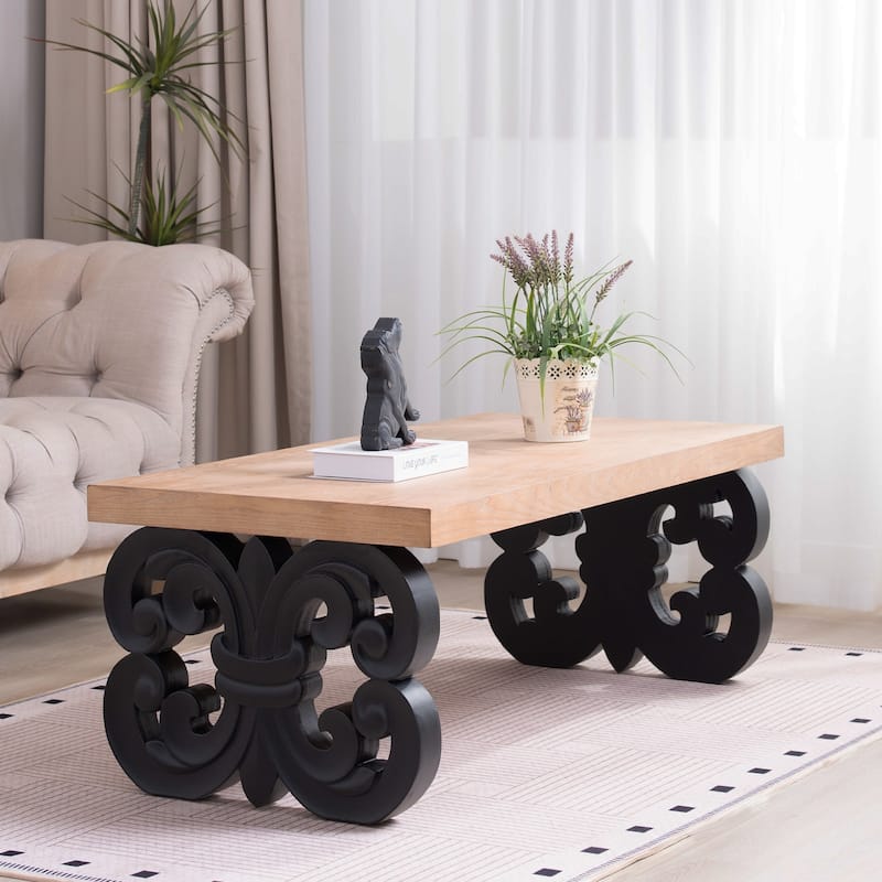 Wood Coffee Table-47" Rectangular Table With Carved Base And Natural Wood Top