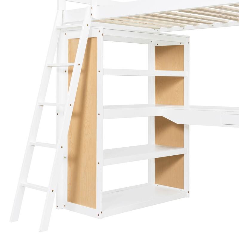 Twin Size Loft Bed with Ladder, Shelves, and Desk, White
