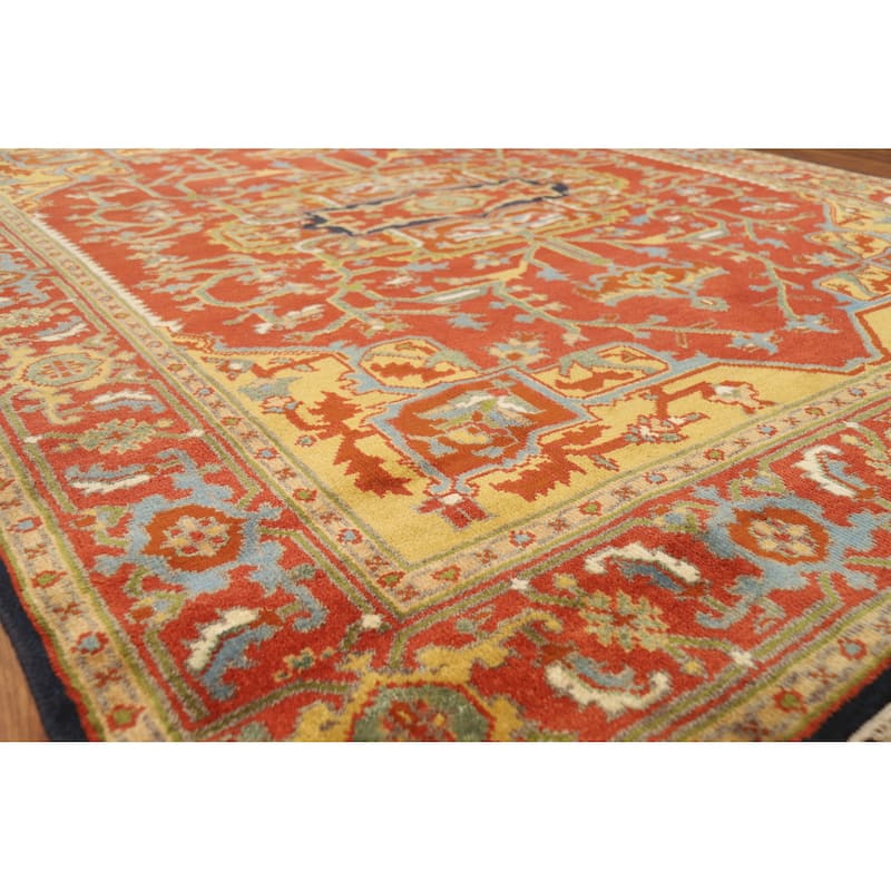 Hand Knotted Oriental 100% Wool Carpet Traditional Medallion Oranges & Rust Heriz (serapi) Area Rug - 9' 9'' X 7' 9''