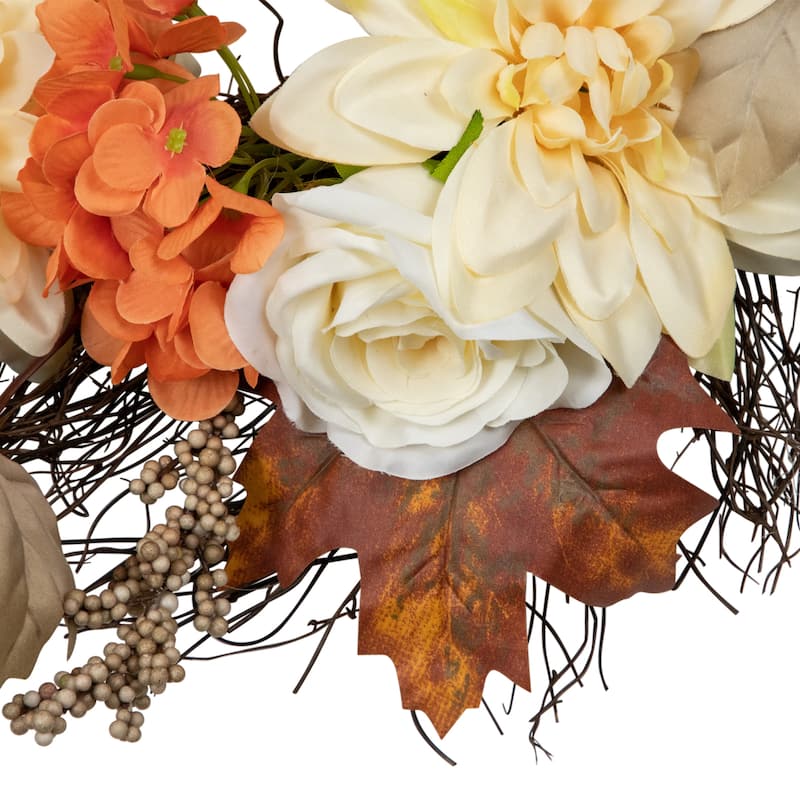 Floral, Twig and Leaves Fall Harvest Artificial Wreath - 22" - Orange and Cream