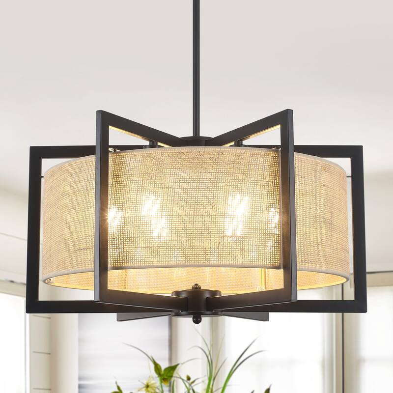 21.26inch 5 Light Rustic Farmhouse Style Chandelier with Hemp Rope Shade and Metal Frame