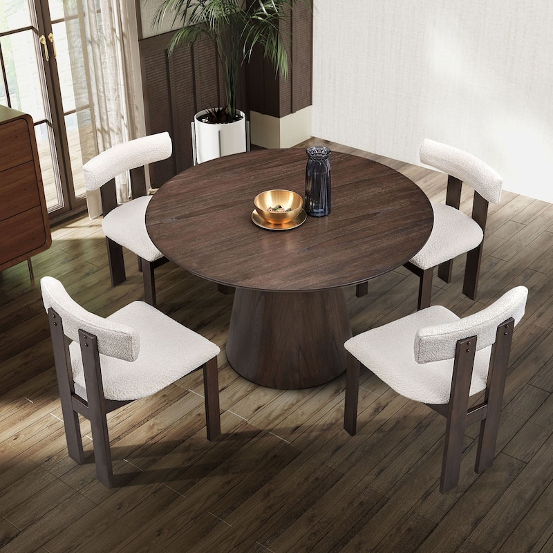 2 PCS Wooden Dining Chairs, Modern Boucle Upholstered Mid Century Side Chairs with Open Back