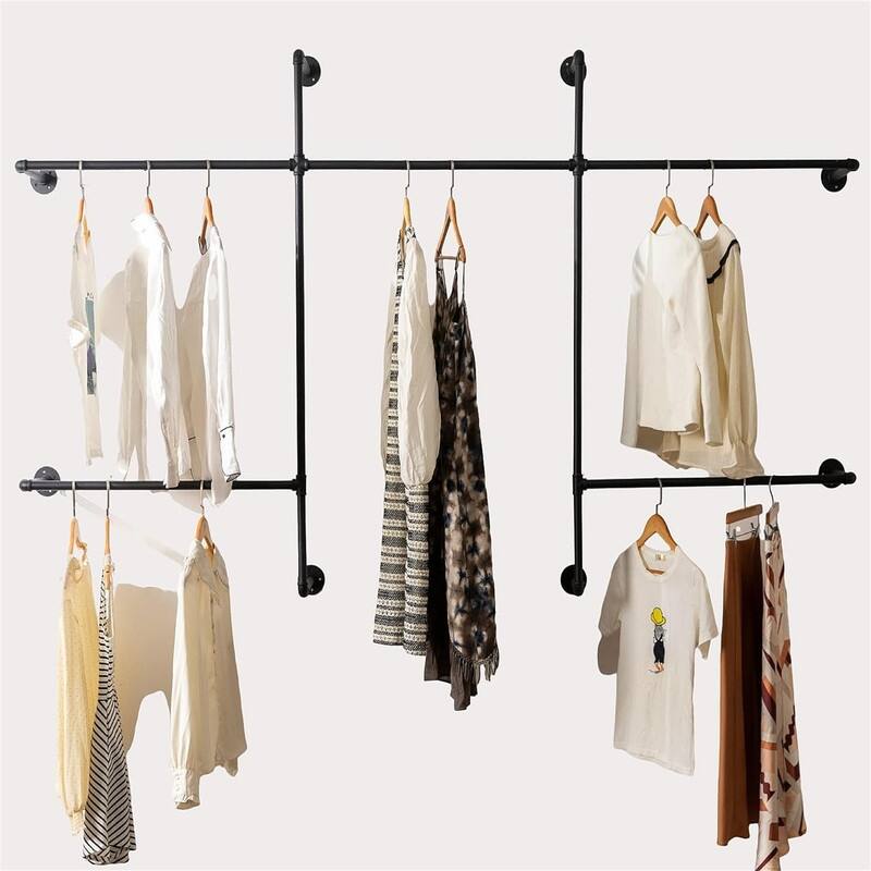 Industrial Pipe Clothes Rack Wall Mounted Clothing Rack - 9.84"D x 70.86"W x 51.18"H - black - 9.84"D x 70.86"W x 51.18"H