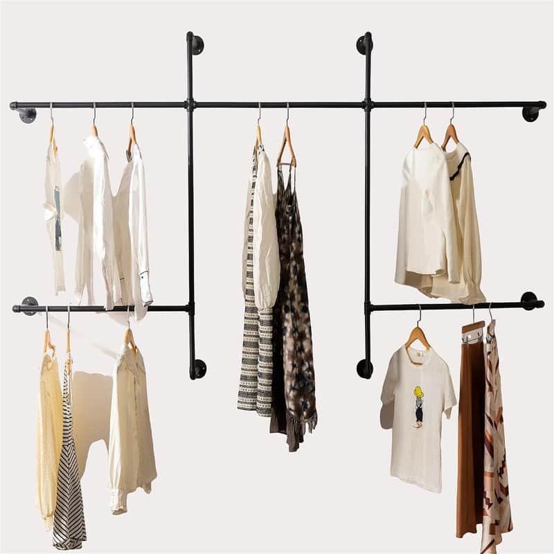 Industrial Pipe Clothes Rack Wall Mounted Clothing Rack - 9.84"D x 70.86"W x 51.18"H