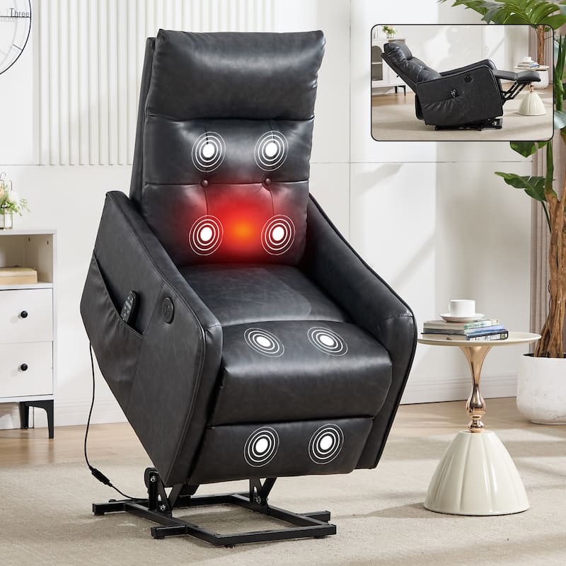PU Leather Recliner with Single Motor Lift Massage Heat and 155 Degree Recline
