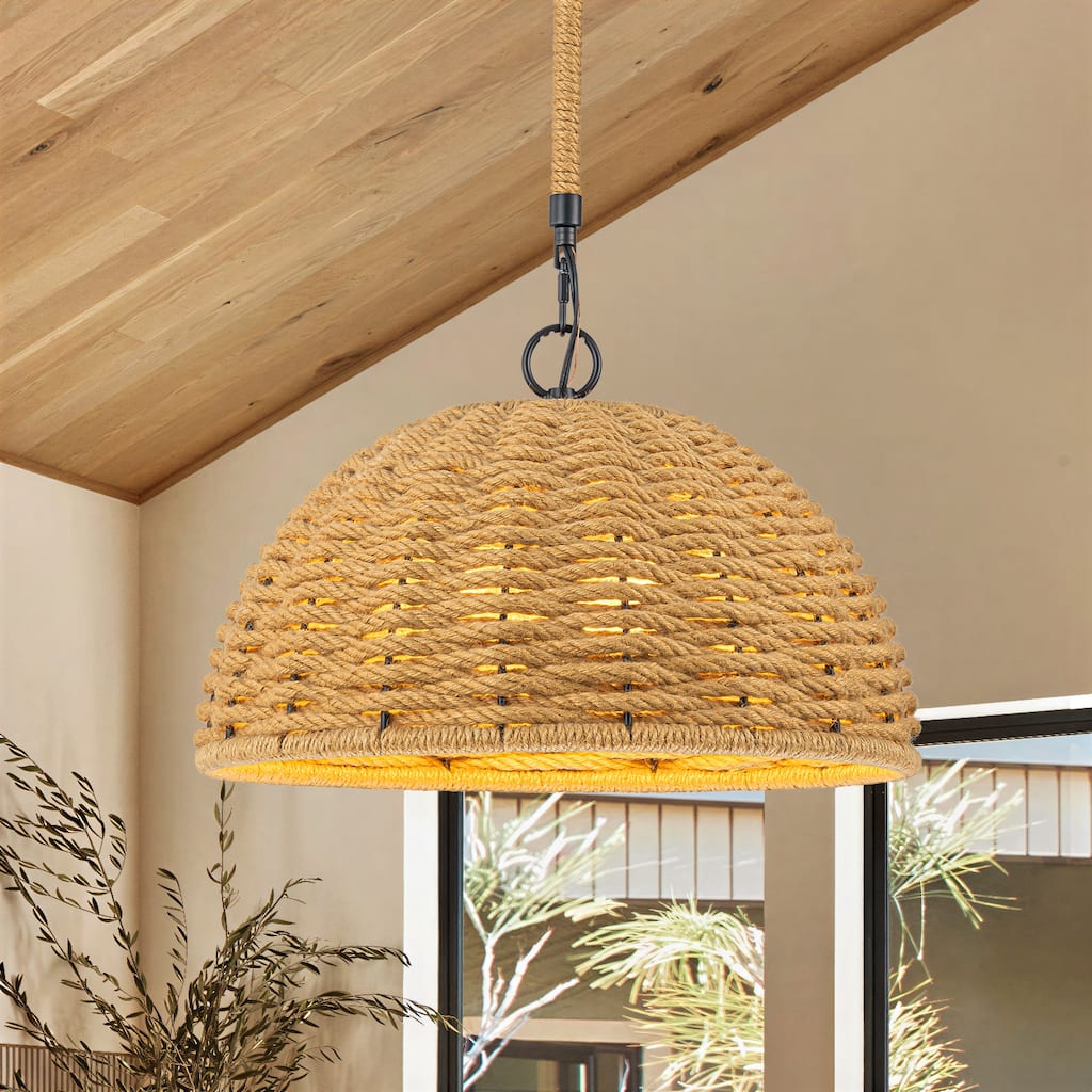 3-Light Farmhouse Hemp Rope Pendant Light for Kitchen Island Dining Room - Black - 17.9" W × 8.9" H