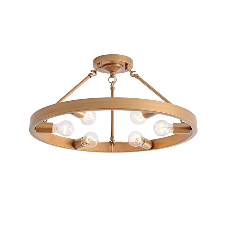 Abigail Wagon Wheel 6-Light Metal Round Rustic Semi-Flush Mount - Brushed Brass