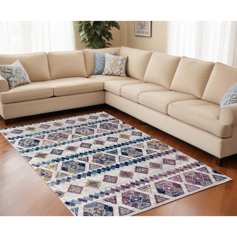 Qeji Power Loomed Geometric Stain Resistant Low Pile Soft Durable Area Rug By HomeRoots - 117' X '93' X '0.38 - Lavender/Ivory - Rectangle