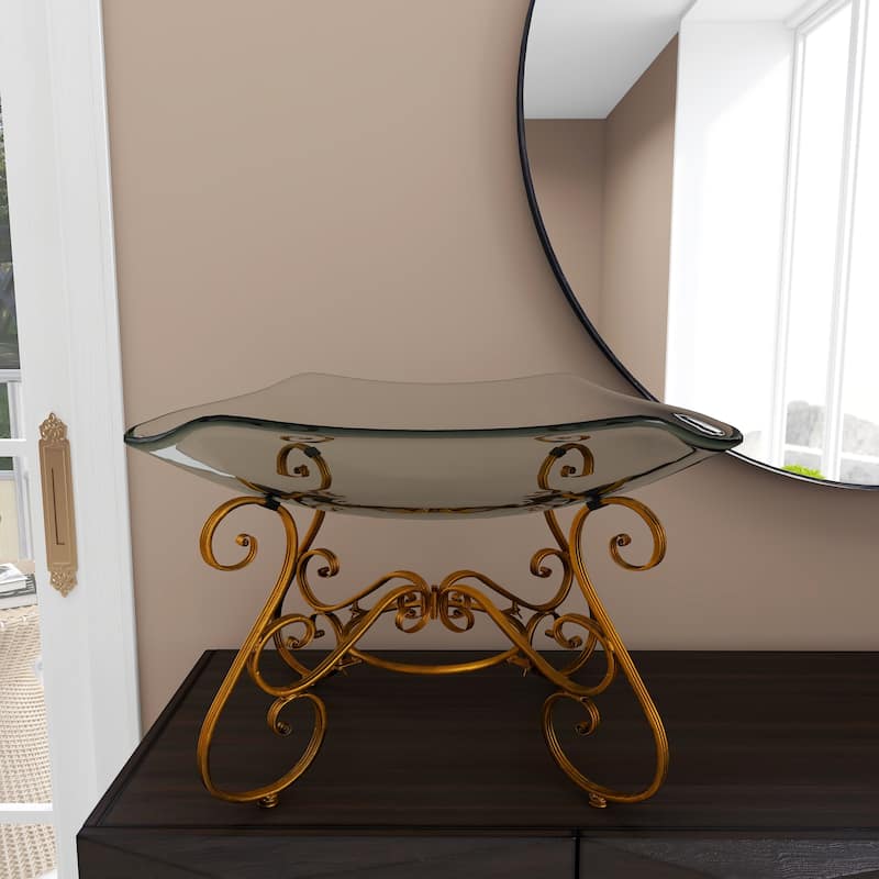 Clear Glass Kitchen Serving Bowl with Gold Metal Scroll Base