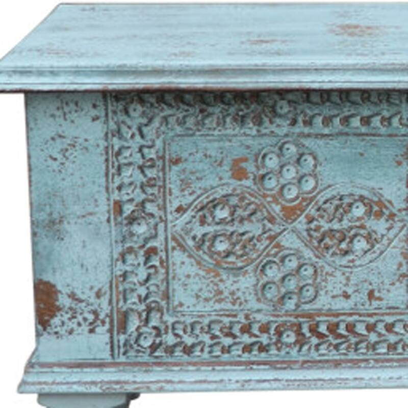HomeRoots 54" Aqua Carved And Distressed Solid Wood Lift Top Coffee Table - 54 in. x 16 in. x 18 in.