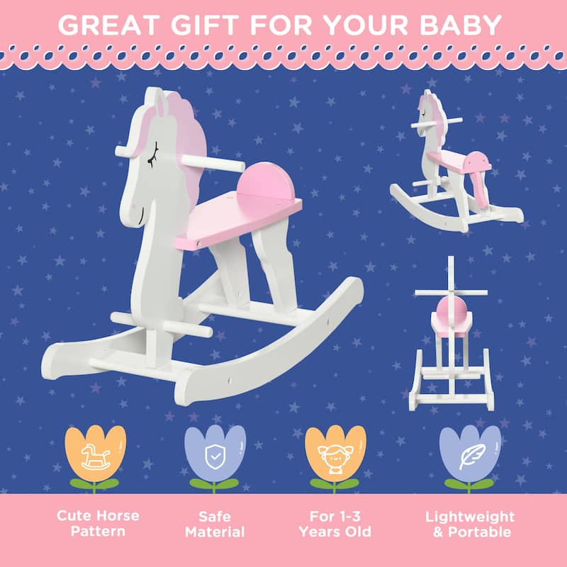 Cherry Blossom Pink Pinewood Kids Rocking Horse with Cute Creature Design - 26.75" L x 10.75" W x 18.25" H