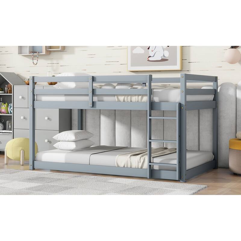 Roomfitters Solid Rubber Wood Twin over Twin Floor Bunk Bed with Ladder, Reinforced Slat Platforms, Low Height Design