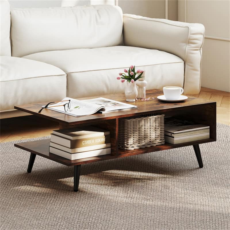 31.5”Long Modern 2-Tier Coffee Table with Open Storage Compartments and Sturdy Metal Legs - 31.5" x 18" x 12"