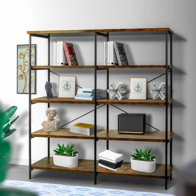 63 Inch Industrial 4 Tier Shelf Bookshelf, Particleboard, Metal Frame, Brown, Black - 63 H x 14.25 W x 60 L