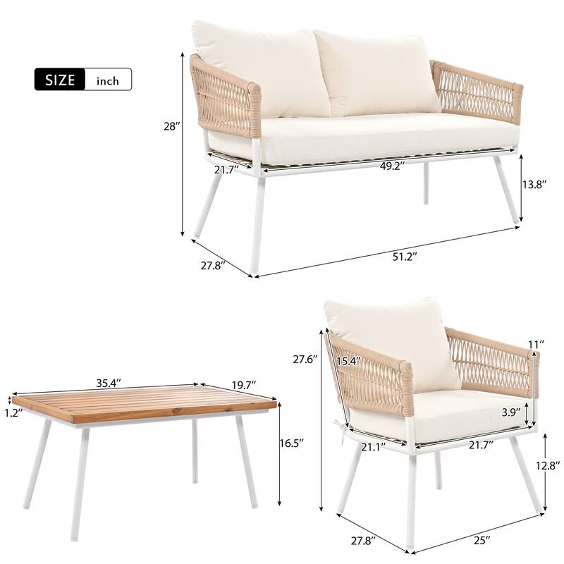 4-Piece Patio Furniture Set with Wood Table, Outdoor Conversation Set Deep Seating Dining Table Set Lounge Loveseat Accent Chair