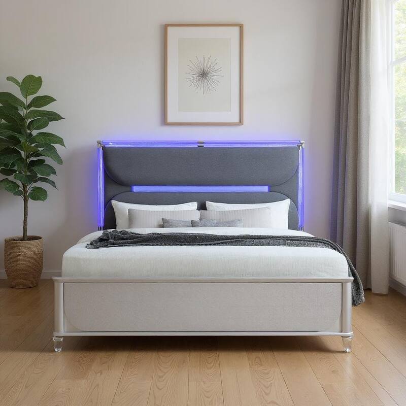 HomeRoots Silver and Gray Wood And Upholstery Lighted King Bed Frame - King