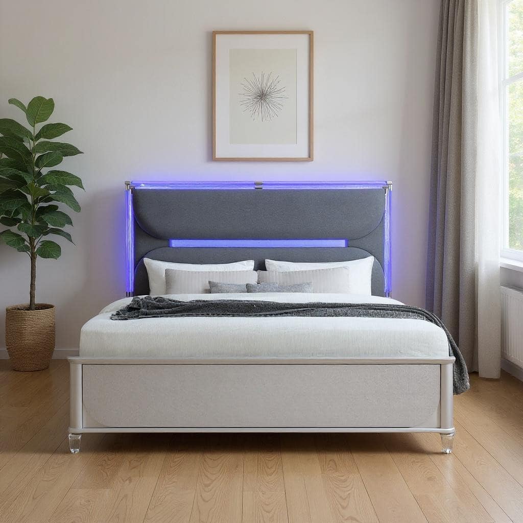HomeRoots Silver and Gray Wood And Upholstery Lighted King Bed Frame