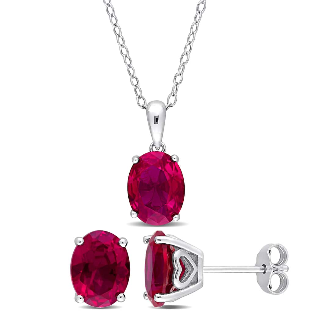 Miadora 8 4/5ct TGW Oval Created Ruby Set of Necklace and Earrings in Sterling Silver
