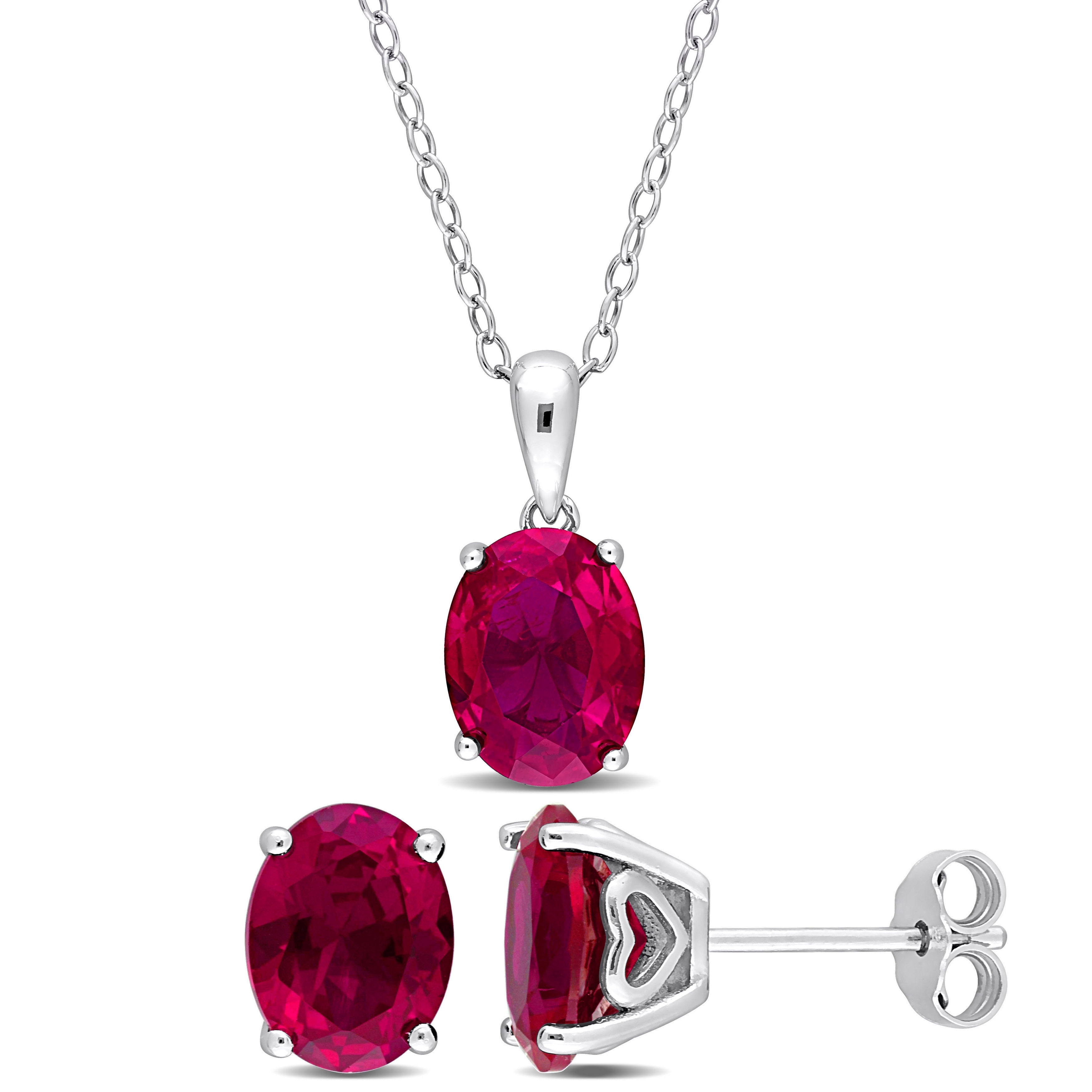 Miadora 8 4/5ct TGW Oval Created Ruby Set of Necklace and Earrings in Sterling Silver