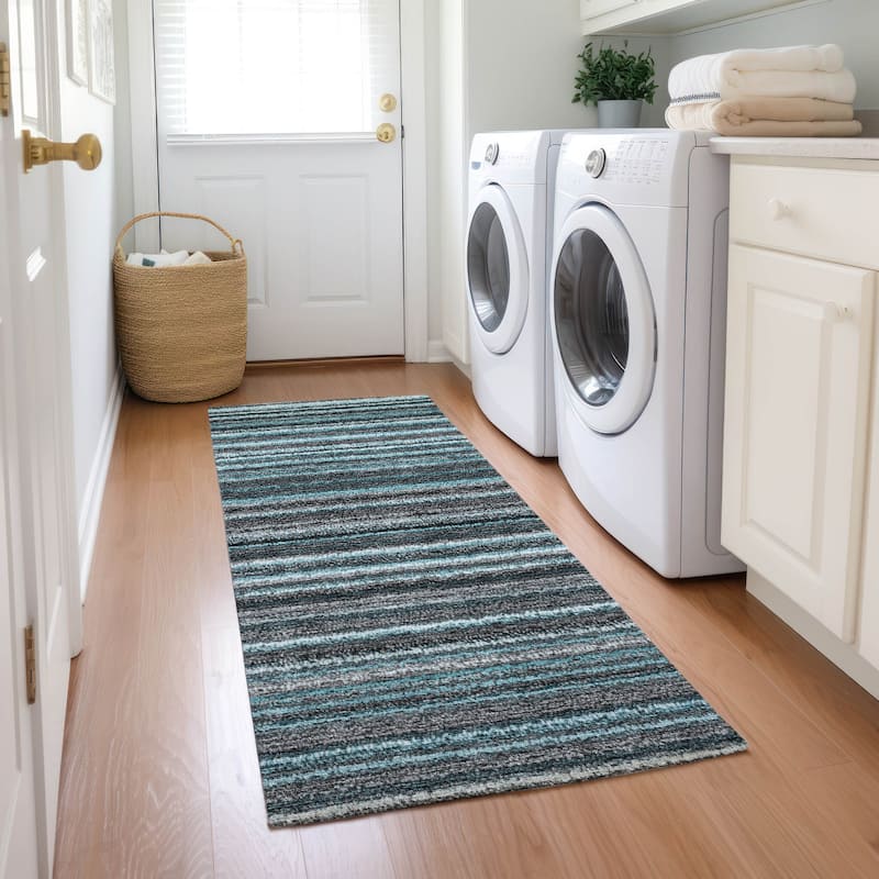 Machine Washable Indoor/ Outdoor Chantille Stripes Rug - Teal - 2'3" x 7'6"