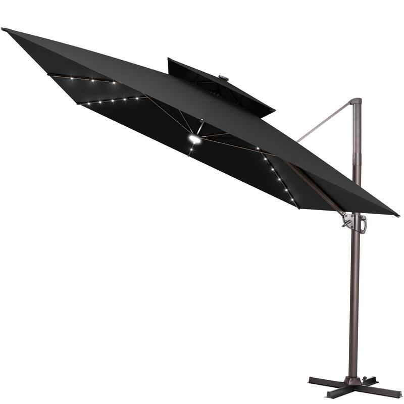 11 FT Outdoor Premium Double Top Solar Powered LED Patio Cantilever Umbrella - Black