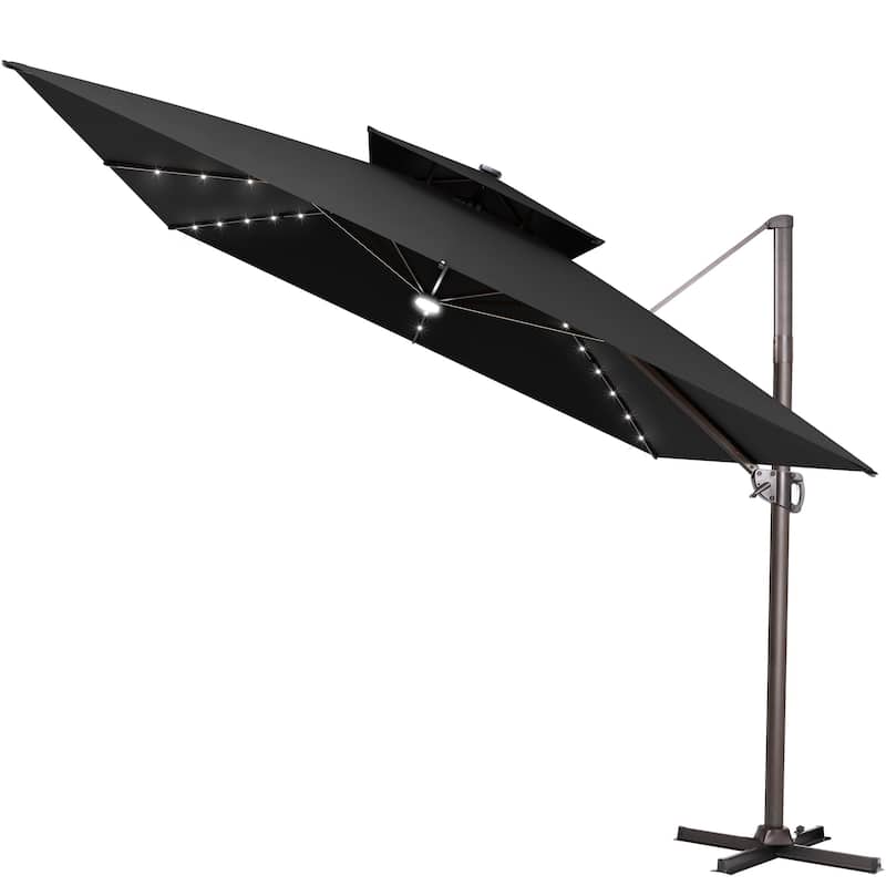 11 FT Outdoor Solar Powered LED Patio Cantilever Umbrella Double Top Square Umbrella