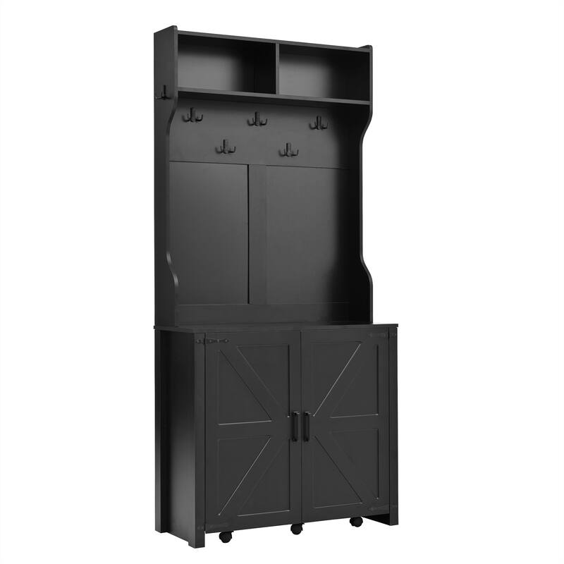 Farmhouse 4-in-1 Hall Tree with Barn Doors, Movable Bench with 7 Hanging Hooks and Shoe Storage Cabinet