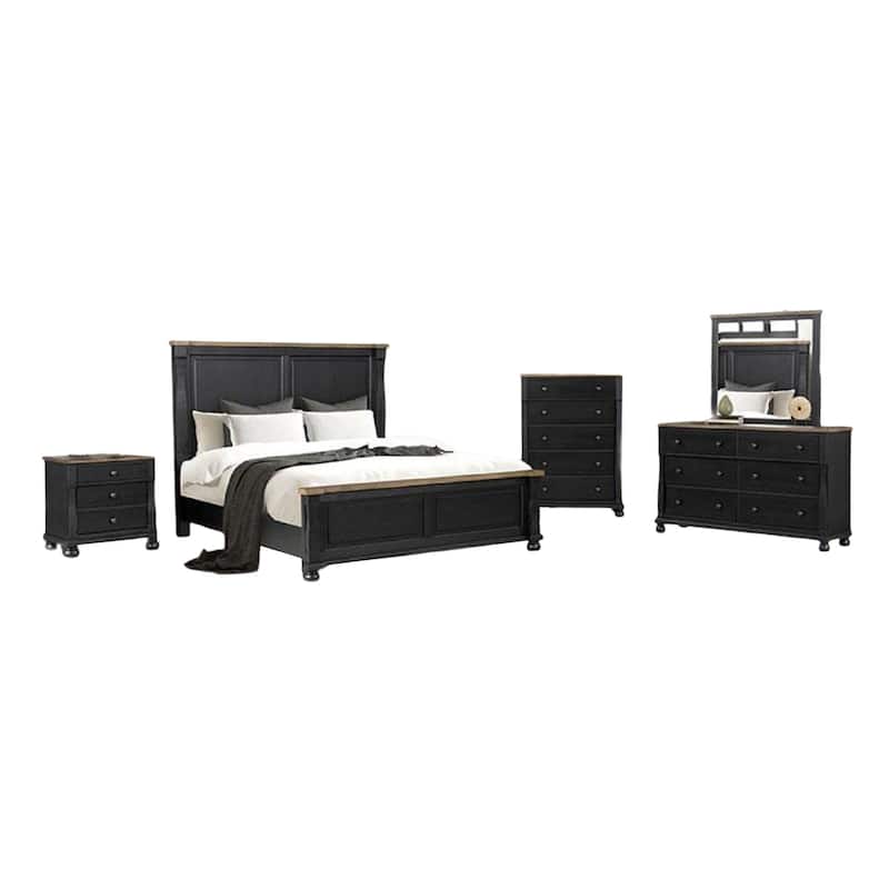 Ginie 5pc Queen Bedroom Set, USB Nightstand, Black Rustic Oak Brown