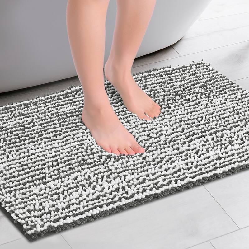 Chenille Striped Bathroom Rugs, Extra Thick and Absorbent Bath Rug Non-Slip Soft Plush Shaggy Bath Carpet - Dark Gray