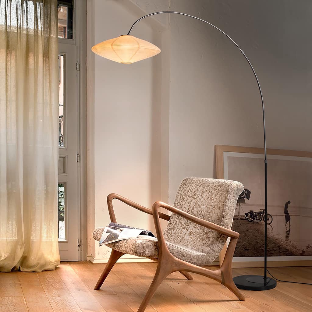 Roswell Floor Lamp - Matte Black Finish, Handcrafted Shinpuru-sa Linen-Cotton Shade, Black Marble Base, Dimmer