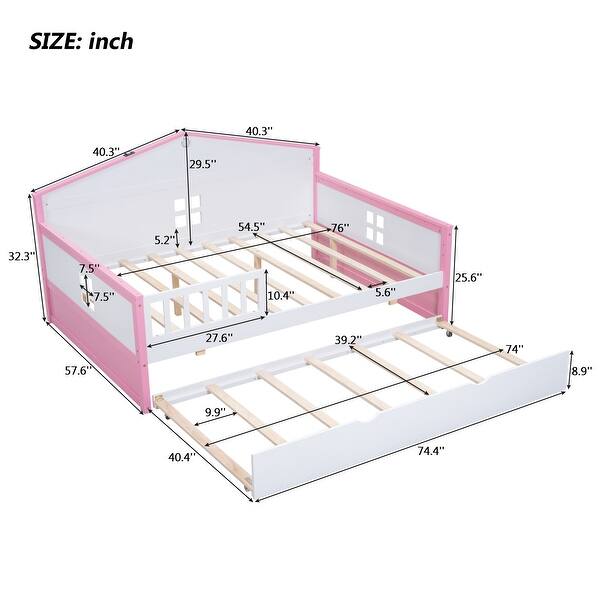 Full size Wooden Daybed with Trundle and Sensor Light, Pink