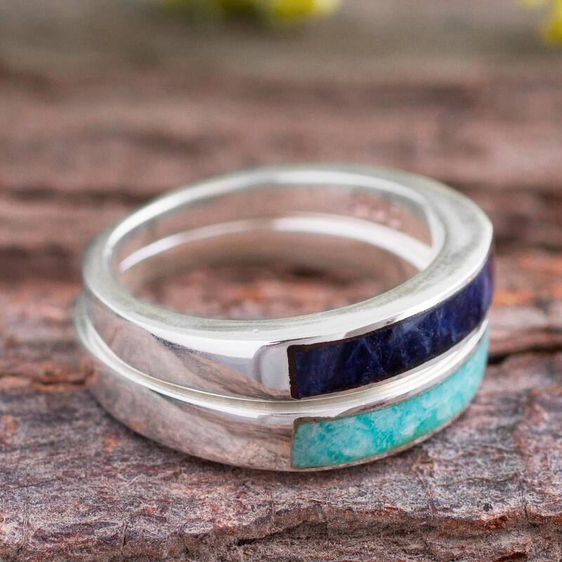 Novica Handmade Dual Enchantment Sodalite And Amazonite Band Rings (Pair)