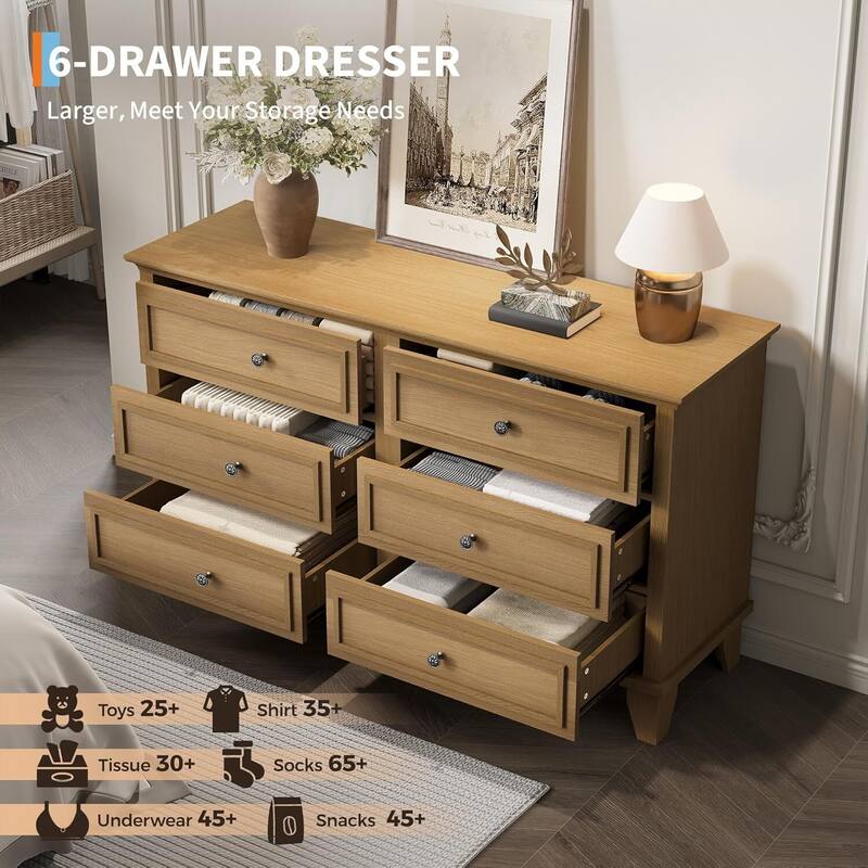 6 Drawer Dresser, Wooden Storage Chest of Drawers for Bedroom, Living Room, Hallway