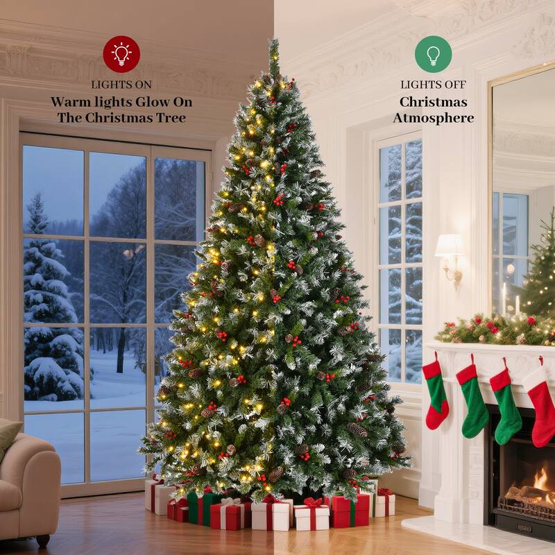Christmas Tree Pre-Lit, Pre-Decorated Artificial 7.5ft Frosted Pine Holiday Decoration w/Frosted Tips, Pine Cones, Metal Base