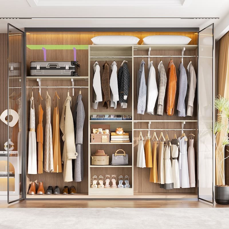 Rackcog 20-96'' W Closet System Starter Kit, Sturdy DIY Closet Organizer with 3 Winged Storage Shelves
