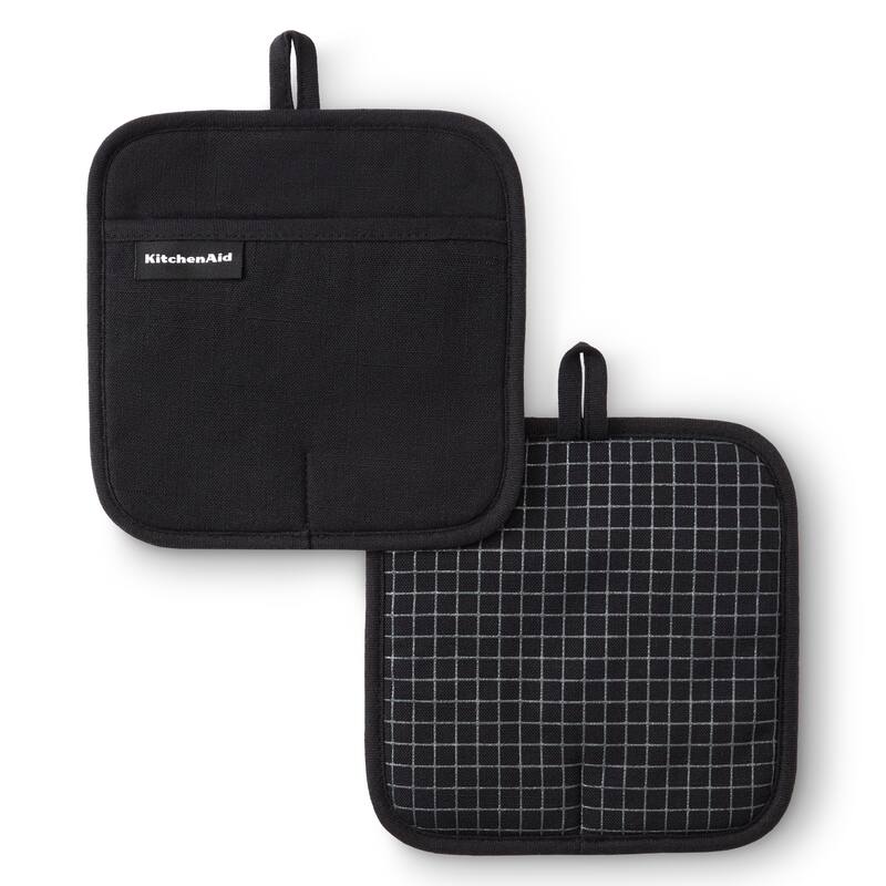 KITCHENAID Gourmet Series Gridlines Pot Holders 2-Pack Set, Heat Resistant up to 600°F, Soft Silicone Grip, Magnetic Cuff - Matte Black